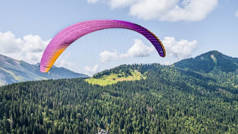 Experience an adventurous paragliding flight over lush alpine landscapes under a vibrant sky.